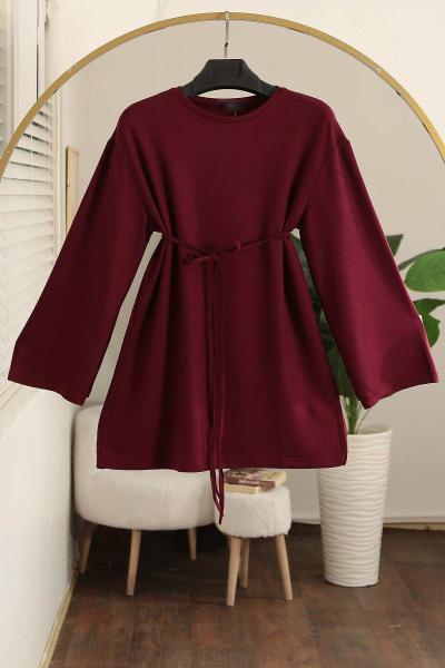 Sıfır Yaka Kuşaklı Bol Kollu Viskon Tunik Bordo