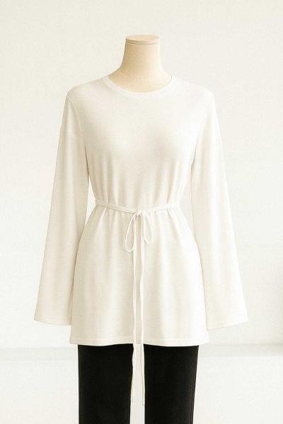 Sıfır Yaka Kuşaklı Bol Kollu Viskon Tunik Ekru