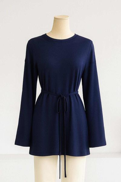 Sıfır Yaka Kuşaklı Bol Kollu Viskon Tunik Lacivert