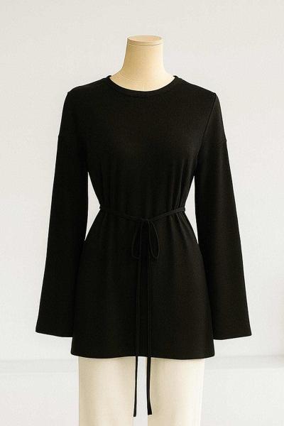 Sıfır Yaka Kuşaklı Bol Kollu Viskon Tunik Siyah