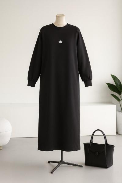 Alo Baskılı Uzun Kollu Aysho Elbise Antrasit