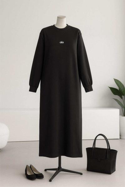Alo Baskılı Uzun Kollu Aysho Elbise Siyah
