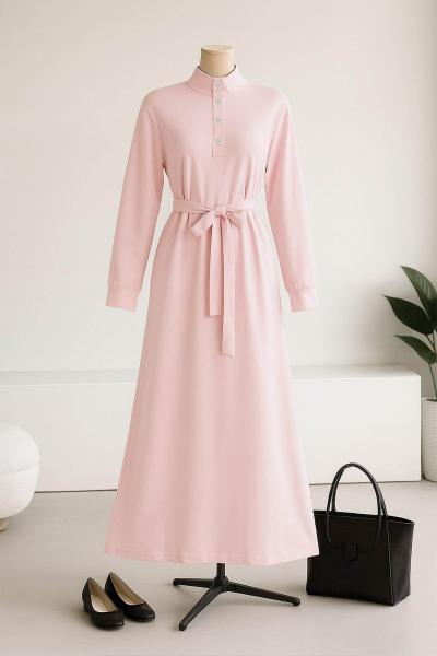 Yüksek Yaka Çıtçıtlı Kuşaklı Elbise Açık Pembe