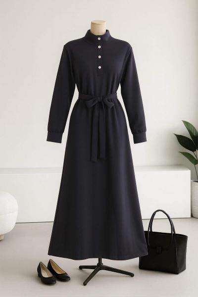 Yüksek Yaka Çıtçıtlı Kuşaklı Elbise Antrasit