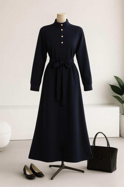 Yüksek Yaka Çıtçıtlı Kuşaklı Elbise Lacivert