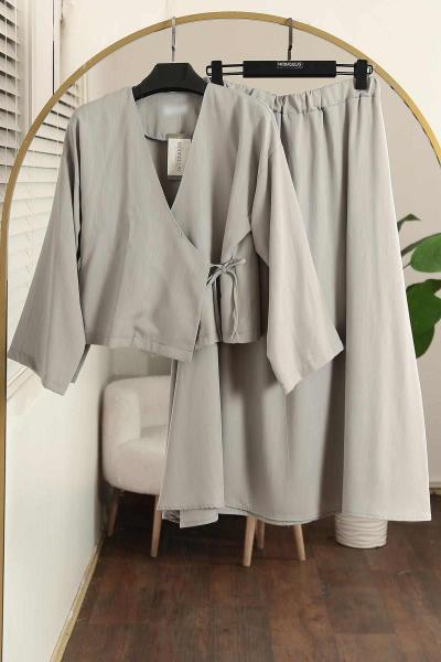 Yandan Bağlamalı Haşıllı Tencel Etekli Takım Gri