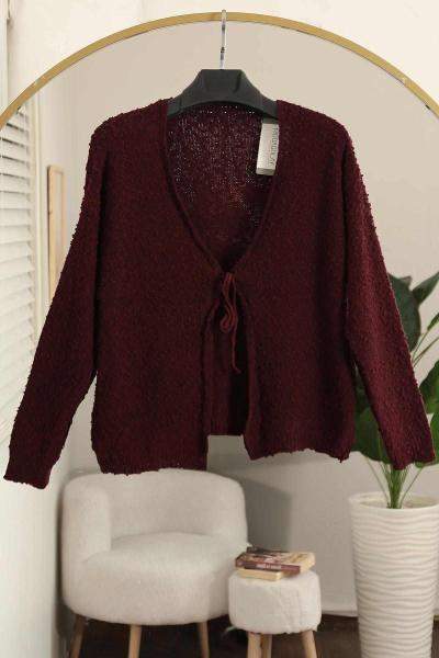 Tek Bağlamalı Ponponlu Triko Hırka Bordo