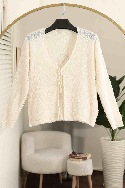 Tek Bağlamalı Ponponlu Triko Hırka Ekru