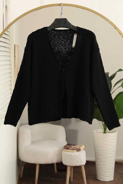 Tek Bağlamalı Ponponlu Triko Hırka Siyah