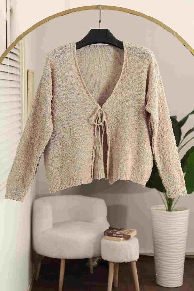 Tek Bağlamalı Ponponlu Triko Hırka Vizon