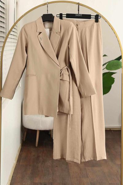 Yandan Bağlamalı Astarlı Pantolonlu Modal Takım Bej