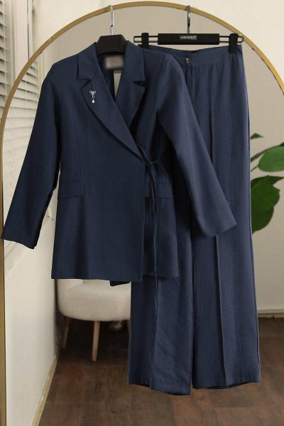 Yandan Bağlamalı Astarlı Pantolonlu Modal Takım İndigo