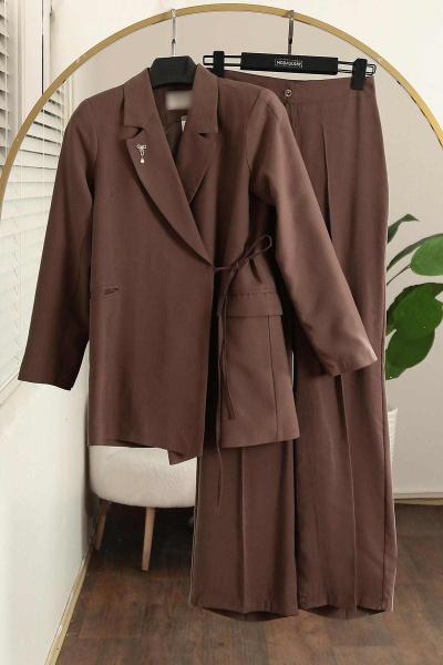 Yandan Bağlamalı Astarlı Pantolonlu Modal Takım Sütlü Kahve