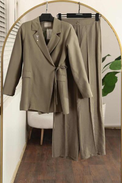 Yandan Bağlamalı Astarlı Pantolonlu Modal Takım Adaçayı