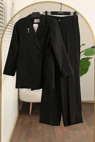 Yandan Bağlamalı Astarlı Pantolonlu Modal Takım Siyah