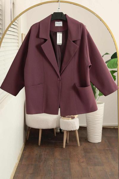 Tek Düğmeli Oversıze Çift Cepli Dabıl Ceket Mürdüm