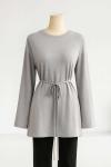 Sıfır Yaka Kuşaklı Bol Kollu Viskon Tunik Gri