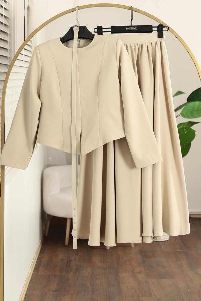 Parçalı Yırtmaç Detay Kemerli Etekli Takım Açık Mint