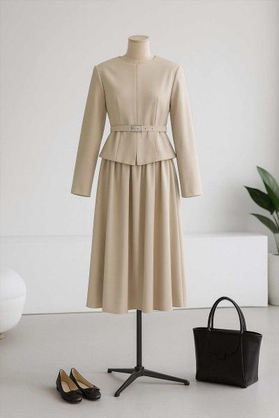 Parçalı Yırtmaç Detay Kemerli Etekli Takım Açık Mint