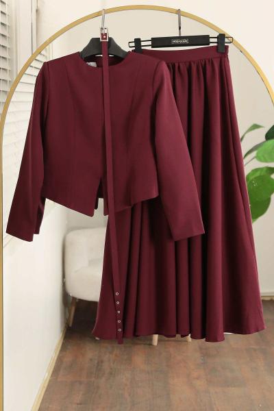 Parçalı Yırtmaç Detay Kemerli Etekli Takım Mürdüm