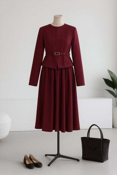 Parçalı Yırtmaç Detay Kemerli Etekli Takım Mürdüm