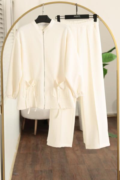 Fermuarlı Papyon Bağlama Aysho Pantolonlu Takım Ekru