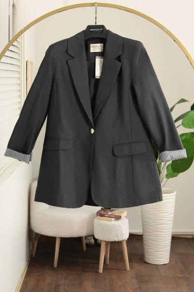 Tek Düğmeli Kolları Katlı Çizgili Modal Ceket Füme