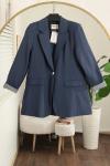 Tek Düğmeli Kolları Katlı Çizgili Modal Ceket İndigo