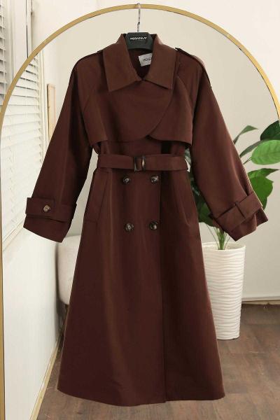 Altı Düğmeli Tokalı Apoletli  Oversıze Trençkot Kahve