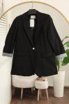 Tek Düğmeli Kolları Katlı Çizgili Modal Ceket Siyah