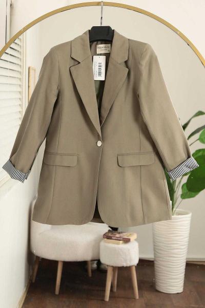 Tek Düğmeli Kolları Katlı Çizgili Modal Ceket Adaçayı