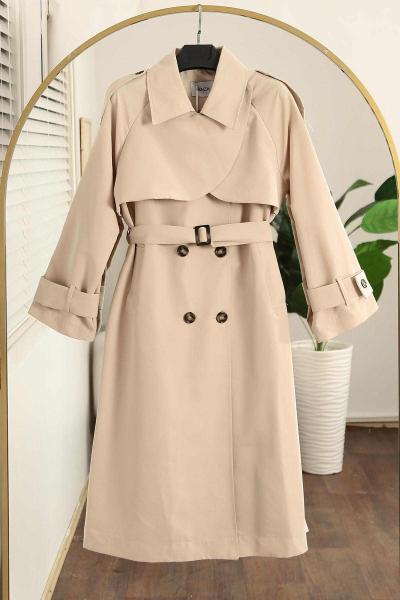 Altı Düğmeli Tokalı Apoletli  Oversıze Trençkot Taş