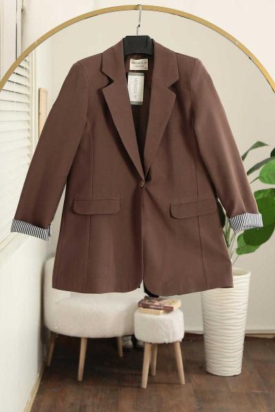 Tek Düğmeli Kolları Katlı Çizgili Modal Ceket Sütlü Kahve