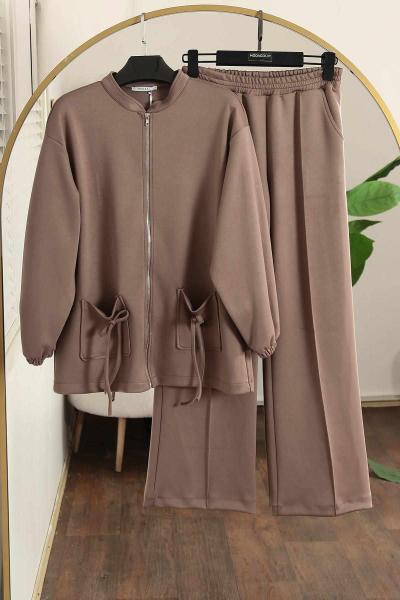 Fermuarlı Papyon Bağlama Aysho Pantolonlu Takım Vizon