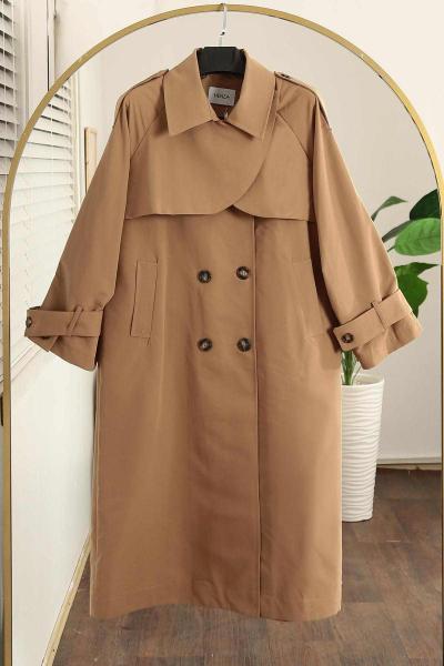 Altı Düğmeli Tokalı Apoletli  Oversıze Trençkot Toprak