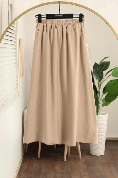 Beli Lastikli Çift Cepli Verev Modal Etek Bej