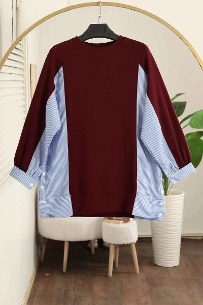 Yanları Düğmeli Çizgi Garnili Aysho Tunik Bordo