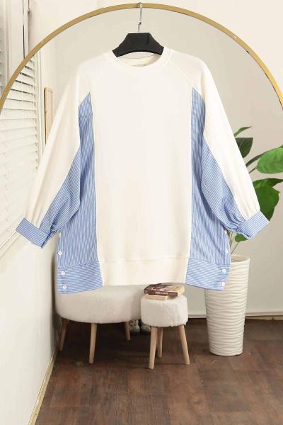 Yanları Düğmeli Çizgi Garnili Aysho Tunik Ekru