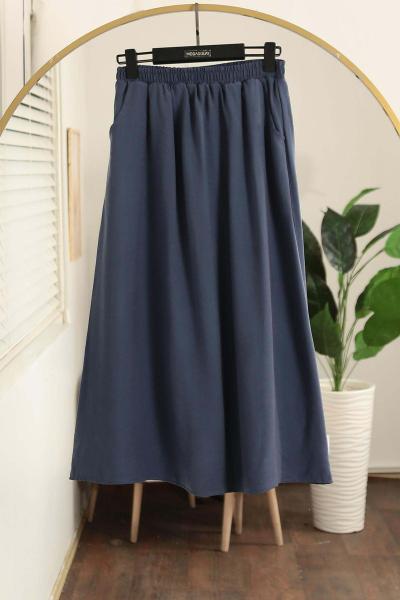 Beli Lastikli Çift Cepli Verev Modal Etek Lacivert