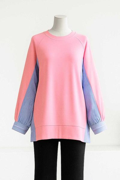 Yanları Düğmeli Çizgi Garnili Aysho Tunik Pembe