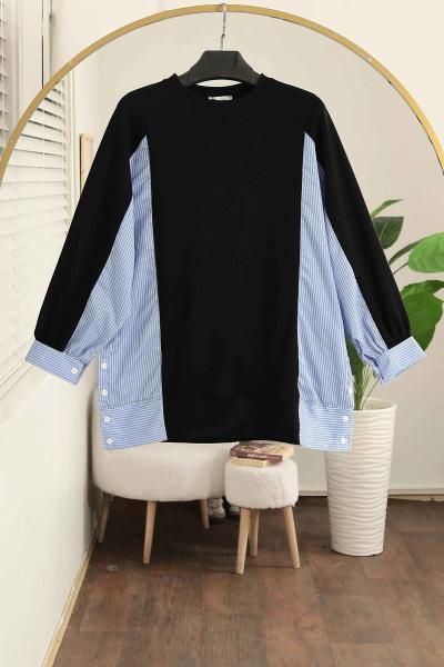 Yanları Düğmeli Çizgi Garnili Aysho Tunik Siyah