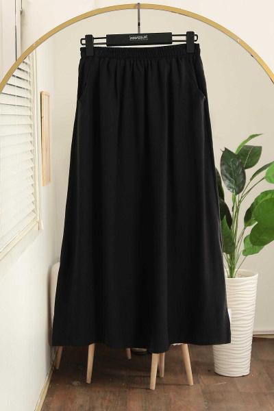 Beli Lastikli Çift Cepli Verev Modal Etek Siyah