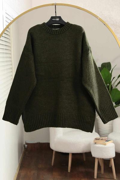 Sıfır Yaka Basıc Triko Tunik Haki