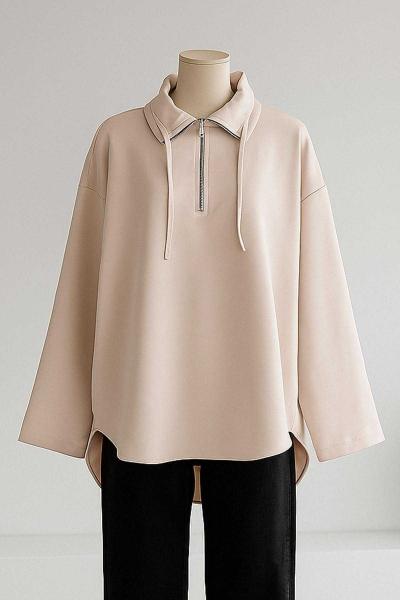 Arkası Uzun Polo Yaka Fermuarlı Oysho Tunik Bej