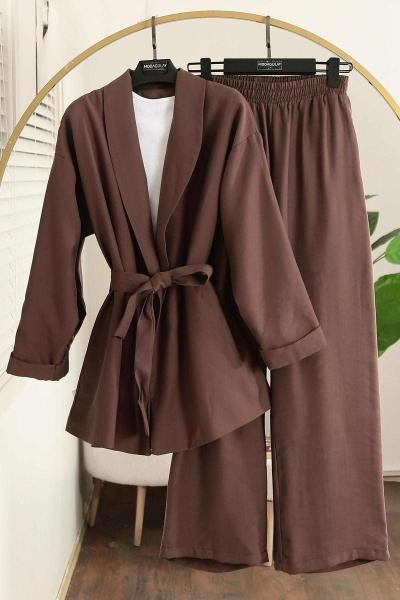 Şal Yaka Kuşaklı Pantolonlu Verev Modal Takım Kahve
