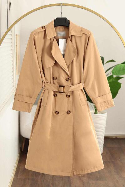 Astarı Burberry Apoletli Tokalı Altı Düğmeli Trençkot Camel