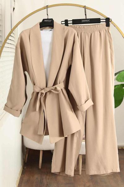 Şal Yaka Kuşaklı Pantolonlu Verev Modal Takım Bej