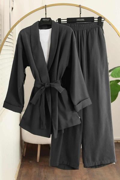 Şal Yaka Kuşaklı Pantolonlu Verev Modal Takım Füme