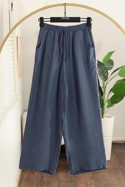 Beli Lastikli İpli Verev Modal Pantolon İndigo