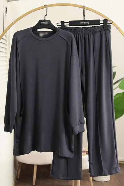 Sıfır Yaka Naturel Dikişli Pantolonlu Aysho Takım Füme